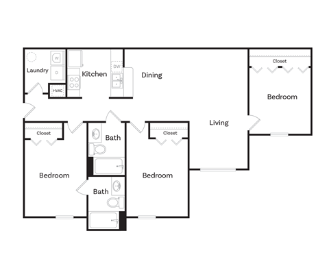 Floor plan for 3 beds, 2 baths, 1110 sqft
